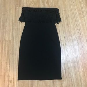 Black strapless mini dress - fringe neckline